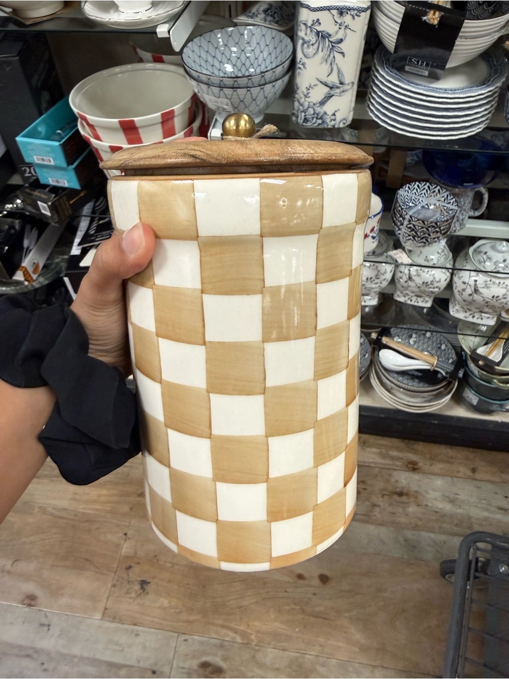 Hand-Painted Checkered Ceramic Canister — Cream & Tan - Picture 2 of 2